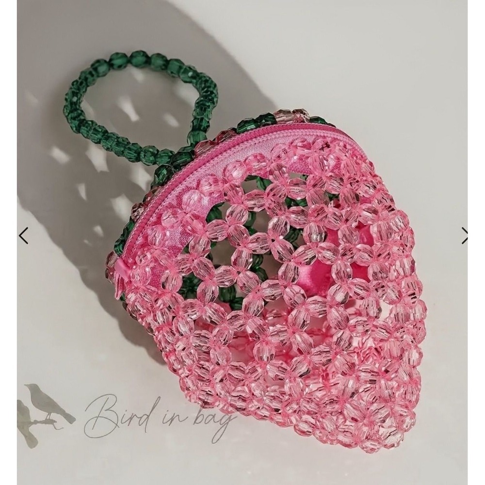Handmade Beaded Strawberry Mini Bag Pink Green Fruit Wristlet Pouch New - Picture 5 of 6